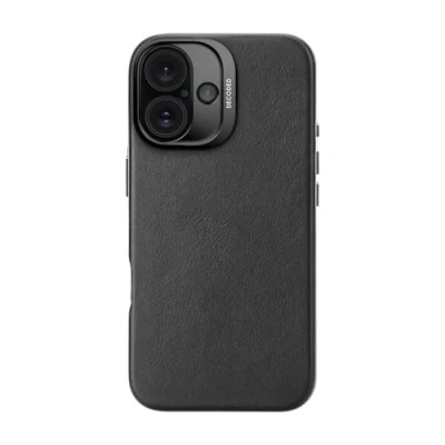 Immagine di DECODED custodia in pelle per iPhone 16, compatibile con MagSafe, vera ECCO di alta qualità, protettiva integrale, bordi rialzati proteggere lo schermo e la fotocamera, nero