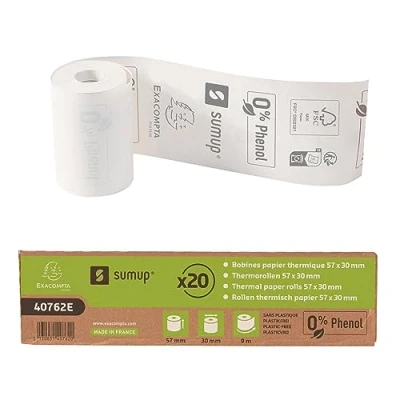 Immagine di Exacompta SumUp Cod. 40762E Scatola da 20 rotoli 57x30mm per POS, carta termica 55 g/mq ad una copia, senza fenolo, senz&#039;anima, compatibile con dispositivo Metratura +/ 2m: 9mt, bianco