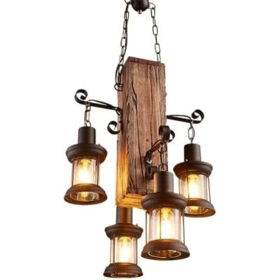 Immagine di E27 Retro Lampada a sospensione Legno Lampadario Vintage industriale Creativa Loft antico Personalità Sala da pranzo Altezza regolabile Ferro Vetro Bar