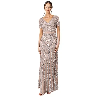 Immagine di Maya Deluxe Maxi Abito a Maniche Corte con Motivo Righe Vestito per Damigella d’Onore, Tortora, 52 Donna