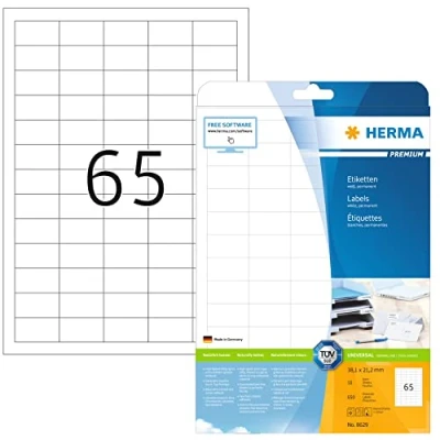 Immagine di HERMA Etichette Universali, 38,1 x 21,2 mm, Adesive A4 per Stampante, 65 Foglio, Bianco