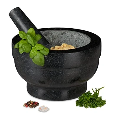 Immagine di Relaxdays Mortaio &amp; Pestello in Granito, Robusto Resistente, Erbe Aromatiche Condimenti, Pietra, V 1l, Ø 20, nero