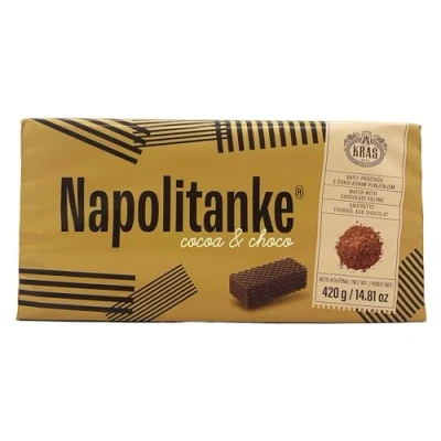 Immagine di NAPOLITANKE KRAS Wafers Premium Biscotti con Deliziose Ripieni di Latte, Crema al Cioccolato, Nocciola, Limone e Arancia Diverse Taglie (420 G COCOA &amp; CHOCO, 4 PCS)