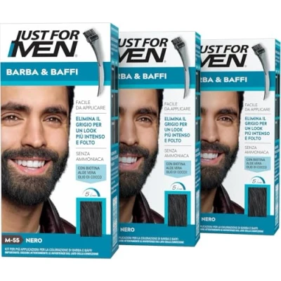 Immagine di Just For Men Barba &amp; Baffi, Tinta Per Uomo, Tintura Senza Ammoniaca, Elimina I Peli Grigi, Con Pettine Applicatore, Colore Nero, M55 (3 Pack)