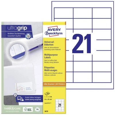 Immagine di Avery Zweckform 3670 Etichetta universale 64 x 36 mm Carta Bianco 2100 pz. a tenuta permanente Stampante laser, laser colori