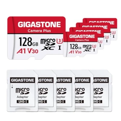 Immagine di GIGASTONE Micro SD 128 GB, Camera Plus Serie, Set da 5, A1 U3 C10 UHS 1, Per GoPro Fotocamera Videocamera, Velocità Fino a 100/50 MB/s, con Adattatore Scheda