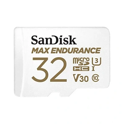 Immagine di SanDisk MAX ENDURANCE Video Monitoring for Dashcams &amp; Home 32 GB microSDHC Memory Card + SD Adaptor 15,000 Hours Endurance, White