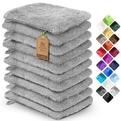Immagine di NatureMark Confezione da 10 guanti bagno in spugna, salviette 100% cotone, 15 x 21 cm, di colore Grigio argento