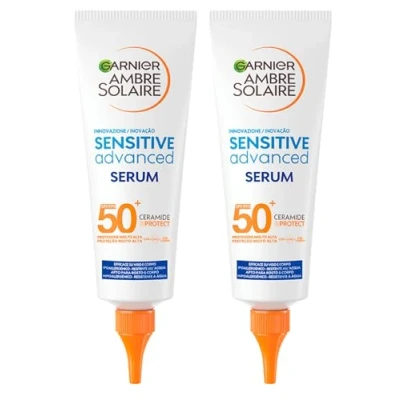 Immagine di Garnier Ambre Solaire Sensitive Advanced Serum Siero Solare Protettivo per Viso e Corpo SPF 50+ Ipoallergenico Pelli Sensibili Resistente all&#039;Acqua 2 Flaconi da 127ml