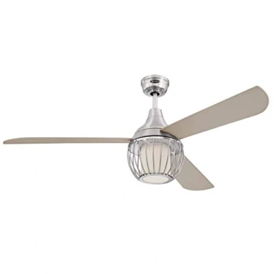 Immagine di Westinghouse Lighting 7220840 Ventilatore da soffitto in Nichel Lucido Graham 132cm, Kit di Luce LED dimmerabile con Vetro Opale smarigliato, Paralume a Gabbia, Telecomando 54 W, Titanio