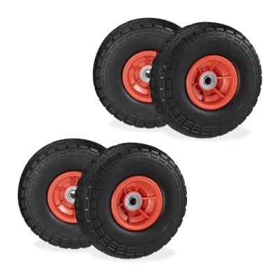 Immagine di Relaxdays Ruota per Carriola 4.10/3.50 4&quot;, Set 4 Gomme Piene Antiforatura, Cerchi in Plastica, Fino a 150 kg, Nero Rosso