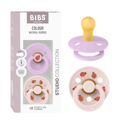 Immagine di BIBS Colour Studio Ciuccio confezione da 2 pezzi. Privo di BPA, Tettarella tonda. Lattice gomma naturale, Prodotto in Danimarca, Taglia 1 (0 6 mesi), Violet Sky/Petal