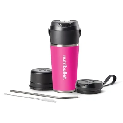 Immagine di Nutribullet Flip NBP016MA, Frullatore Portatile con Tazza Isolante da 590ml, Mantiene il Freddo per 24h, Frulla Ghiaccio, Inclusi Coperchio e Cannuccia, Ricarica USB C, Acciaio Inossidabile, Magenta