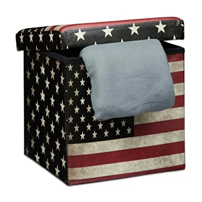 Immagine di Relaxdays Sgabello Contenitore, 38x38x38 cm, Pouf Portaoggetti, USA, Pelle Finta, Coperchio Imbottito, Multicolore, Set da 1 pz
