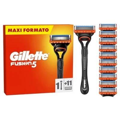 Immagine di Gillette Fusion 5 Rasoio Uomo, 1 a Mano Libera, 11 Lamette da Barba Lame, Rasatura Confortevole, Manico Ergonomico con Rifinitore di Precisione, Fino Mese Lametta