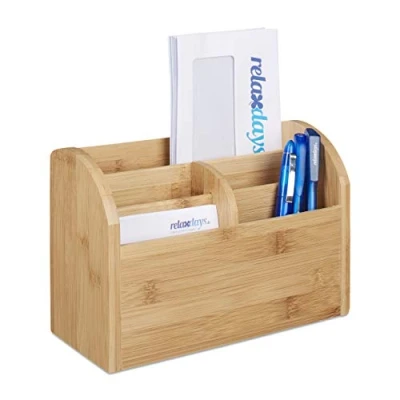 Immagine di Relaxdays Portaoggetti da Scrivania in bambù, con Portapenne e Portalettere, 5 Scomparti, 15x23x10 cm, Marrone Chiaro, Bambú, 10x22x15 cm