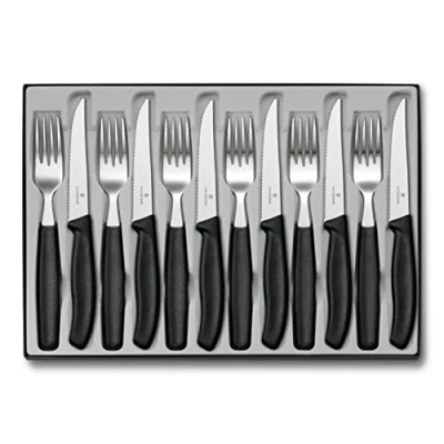 Immagine di Victorinox Swiss Classic, set di posate da 12 pezzi, per sei persone, composto 6 coltelli bistecca e forchette, nero