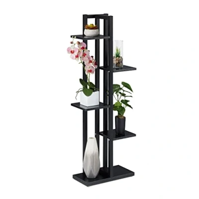Immagine di Relaxdays Scaffale Portafiori, Colonna Portavasi da Interno con 5 Mensole, Mobile Porta Piante, 117 x 43 22 cm, Nero, Fibra di Legno, 1 pz