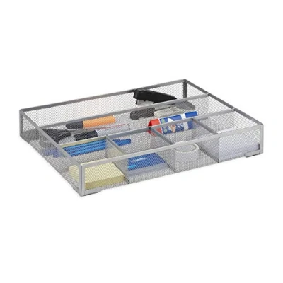 Immagine di Relaxdays Portaoggetti da Scrivania, Portapenne Cassetti 6 Scomparti, Antiscivolo, Metallo, HxLxP: 6x38x30cm, Argento