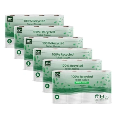 Immagine di by Amazon Carta Igienica, 3 Veli 100 % Riciclata, Morbida e Resistente, 48 Rotoli (6 Confezioni da 8), 200 Fogli per Rotolo, Certificata FSC