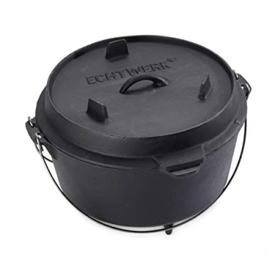Immagine di ECHTWERK pentola olandese per barbecue da 8 L circa, già cotta precostituita, coperchio con manico in acciaio inox utilizzabile come padella, uso esterno, Big Edition, ghisa