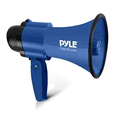 Immagine di Pyle Megafono Compatto a Batteria con Sirena, Portatile Potenza 30 Watt, Microfono, 2 Modalità, Suono PA, Manico Pieghevole per Uso Polizia