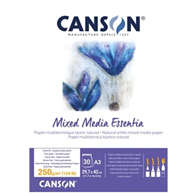 Immagine di Canson Mix Media Essentia, Blocco carta collato corto per tecniche umide, A3, 30 Fogli, 250 gm, grana fine