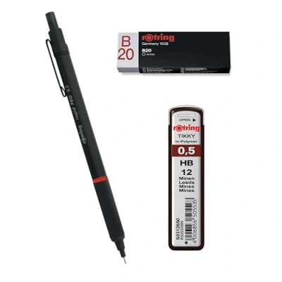 Immagine di rOtring Rapid Pro Matita da 0,5 mm, colore nero, set di ricariche Tikky ad alta polimeri, HB e gomma B20