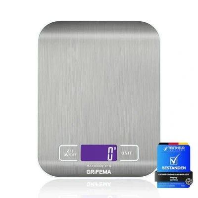 Immagine di GRIFEMA GA2002, bilancia da cucina con display LCD, acciaio inossidabile, multifunzione per alimenti 5 kg/11 libbre, blu [esclusiva Amazon]