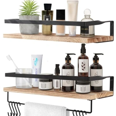 Immagine di Uten Mensole da Muro Design Moderne, Set 2 Pezzi in Legno con Portasciugamani e Ganci, Sospesa Parete Rustico per Cucina, Bagno, Salotto, Ufficio, 42 x 15 6,8 cm