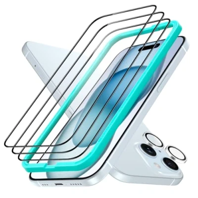 Immagine di ESR 3+1 Armorite Vetro per iPhone 15 Plus, 3 Pezzi, Pellicola Temperato Ultraresistente, e 1 di Fotocamera individuali Le Lenti, Telaio Installazione, Durezza 9H