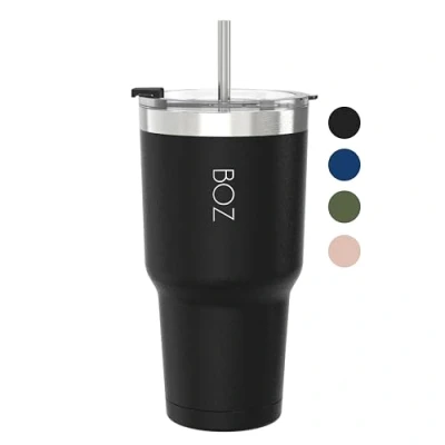 Immagine di BOZ Bicchiere Termico con Cannuccia e Coperchio (900 ml, Nero) Tazza per Bevande Calde Fredde in Acciaio Inossidabile Adulti Senza BPA