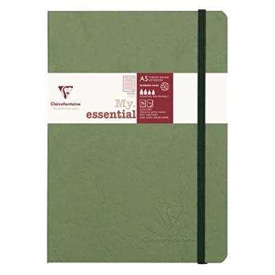 Immagine di Clairefontaine 793463C collezione Age Bag Un taccuino con elastico cucito a filo My.Essential verde A5 14, 8x21 cm 192 pagine numerate rigate carta Avorio 90g copertina in lustrée effetto cuoio