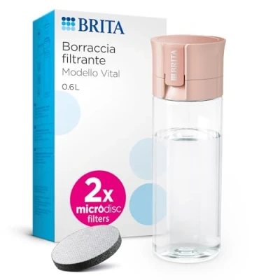 Immagine di BRITA filtro acqua bottiglia modello Vital albicocca (600 ml) con 2 filtri MicroDisc Pratica borraccia dell&#039;acqua da viaggio, filtra cloro e batteri durante il bere/lavabile in