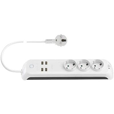 Immagine di Vimar 00447.CK.B Presa multipla smart, compatibile con Alexa e Google Home, 3 uscite SICURY, 4 porte USB, interruttore luminoso, telecomando locale remoto tramite applicazione, spina standard DE/FR