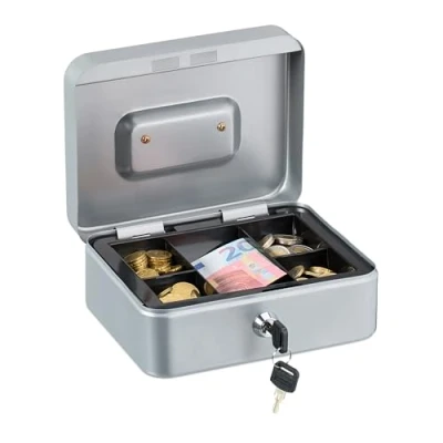 Immagine di Relaxdays Cassetta con Serratura, Porta Soldi Inserto Rimovibile, 5 Scomparti, in Ferro, 8,5 x 20 17 cm, Argento, Acciaio