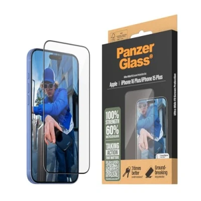 Immagine di PanzerGlass Pellicola protettiva in vetro temperato per iPhone 16 Plus Ultra Wide Fit, compatibile con cover, resistente ai graffi, agli urti, applicazione facile