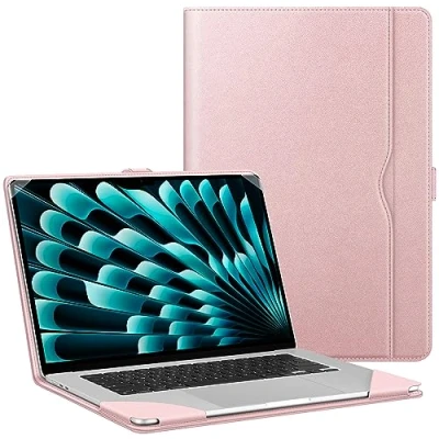Immagine di FINTIE Custodia Compatibile con MacBook Air 15 M3 M2 2023 2024 (Modello A3114/A2941), Folio Protettiva Cover in Similpelle per 15,3 Pollici, Oro rosa