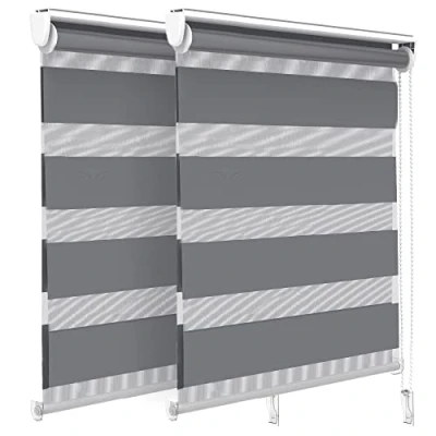 Immagine di VOUNOT Set di 2 Tenda a Rullo Doppia Strato Oscurante Giorno e Notte, Catenella Laterale, Bande Trasparenti Opache, Interno Zebra Blinds Grigio, 80 x 150 cm