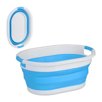 Immagine di Relaxdays Cesto Portabiancheria Pieghevole, 36 Litri, Contenitore Salvaspazio in Plastica con Impugnature, Blu Bianco