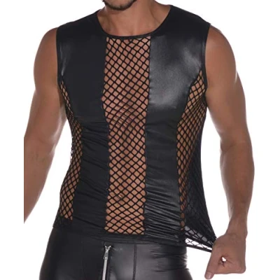 Immagine di Top da uomo simile al lattice, maniche a 0/0 con inserti in rete maglia larga., Nero , 2 mesi