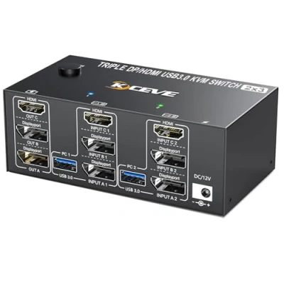 Immagine di Switch KVM DP + HDMI 3 monitor 2 Computer, YOUTINGHDAV Triplo Displayport 8K@60Hz 4K@144Hz, USB 3.0 per PC Condividi mouse, tastiera e