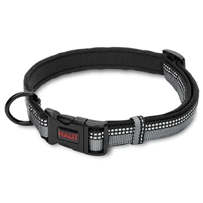 Immagine di Collare Comfort HALTI Cinghia regolabile con imbottitura in neoprene e tessuto 3M catarifrangente. Nylon di qualità. Leggero ideale per cani grandi (Taglia L, Nero)