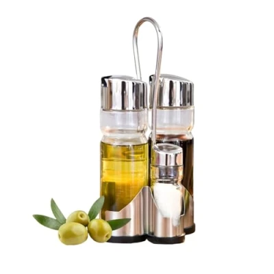 Immagine di DAMDAM GO set di olio e acetiera in vetro, inossidabile, aceto da tavolo con supporto, colore acciaio trasparente
