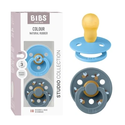 Immagine di BIBS Colour Studio Ciuccio confezione da 2 pezzi. Privo di BPA, Tettarella tonda. Lattice gomma naturale, Prodotto in Danimarca, Taglia 3 (18+ mesi), Breeze/Petrol