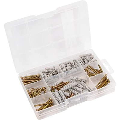 Immagine di Connex Assortimento di viti e tasselli per legno DP8500126, 155 pezzi, varie misure, testa svasata, filettatura completa, zincati, con tasselli, scatola assortita