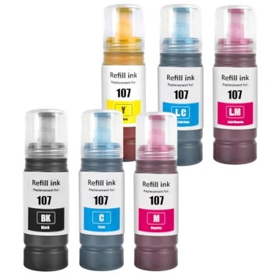 Immagine di SHUOLEI 107 Inchiostro Compatibile con Epson Flaconi di Multipack per EcoTank ET 18100 (6 Pack, Nero/Ciano/Magenta/Giallo/Ciano Chiaro/Magenta Chiaro)