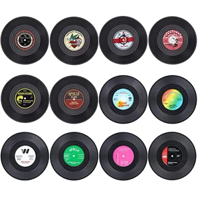 Immagine di Litensh sottobicchieri in vinile retrò CD, antiscivolo, gomma, isolati, rotondi, per tè, caffè, bevande, protezione da tavolo impedisce lo scivolamento del supporto (Modello M3, 12 Pezzi)