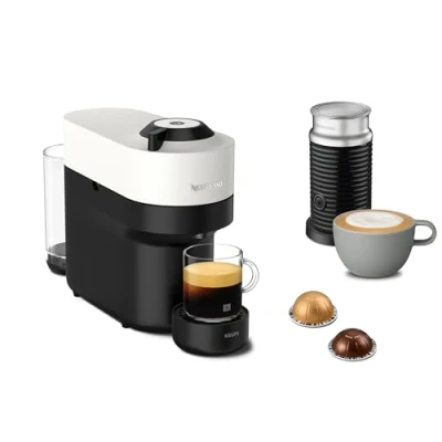 Immagine di Nespresso Vertuo Pop + Aeroccino XN9211K, Macchina caffè di Krups con montalatte Aeroccino, Coconut White, Sistema Capsule Vertuo, Serbatoio acqua 0.56L