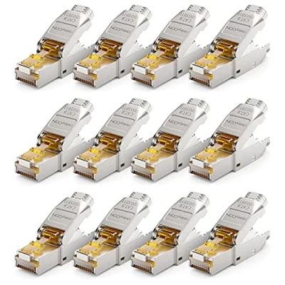 Immagine di deleyCON 12x CAT 8 Connettore di Rete RJ45 a Sgancio Rapido con Schermatura 40 Gbit/s Spina per la Posa Rigidi Cavi Grezzi Ethernet LAN Cavo Patch DSL